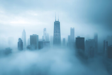 Skyscrapers are partially hidden by a thick fog during a cloudy day, creating a suggestive and mysterious atmosphere