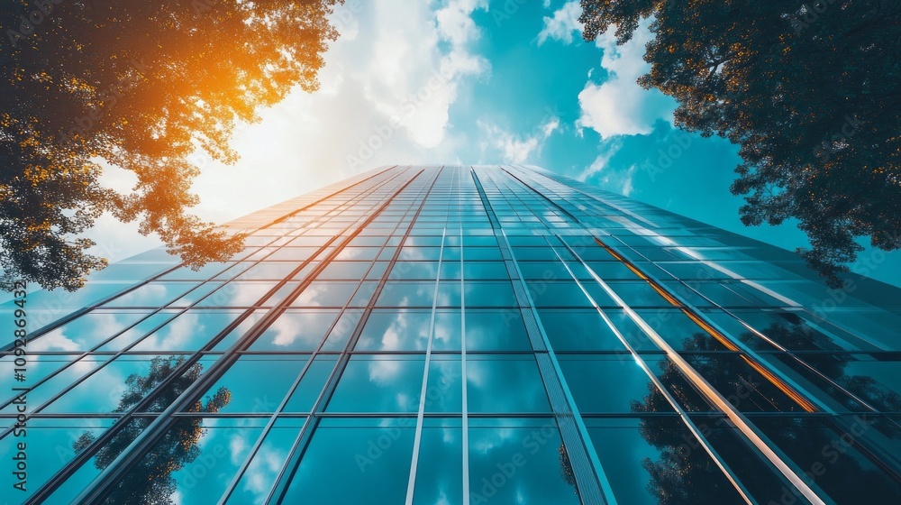 Poster a tall building with a clear blue sky and trees in the background