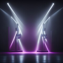 Two neon light  spotlights illuminate a stage in a dark setting