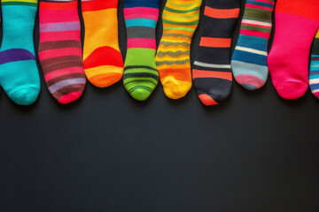 A row of colorful striped socks arranged against a black background, showcasing bold patterns and playful designs.