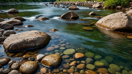 Tranquil River Reflections: A Serene Landscape of Stones and Lush Greenery