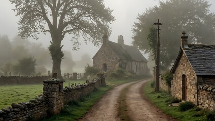 Enchanted Pathways: A Misty Journey Through Rural Cottages and Lush Greenery
