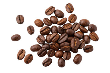 Naklejka premium A close-up of aromatic roasted coffee beans in rich brown hues, highlighting their glossy textures and natural grooves, set against a transparent background