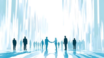 Fototapeta premium Silhouettes of business people shaking hands in the center, many silhouettes on a white background, vector illustration style, flat design