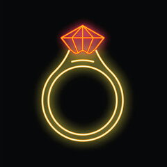 Neon sign showing an engagement ring with a big diamond glowing on a dark background © ylivdesign