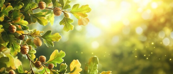Obraz premium A close-up of oak leaves and acorns illuminated by sunlight, creating a serene atmosphere.