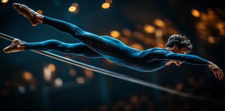 Male gymnast performing a spectacular aerial maneuver on a horizontal bar during a show.