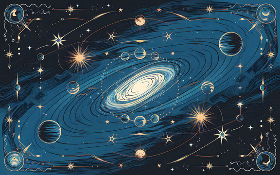 blue background with space nebula stars planets interwind around galaxy