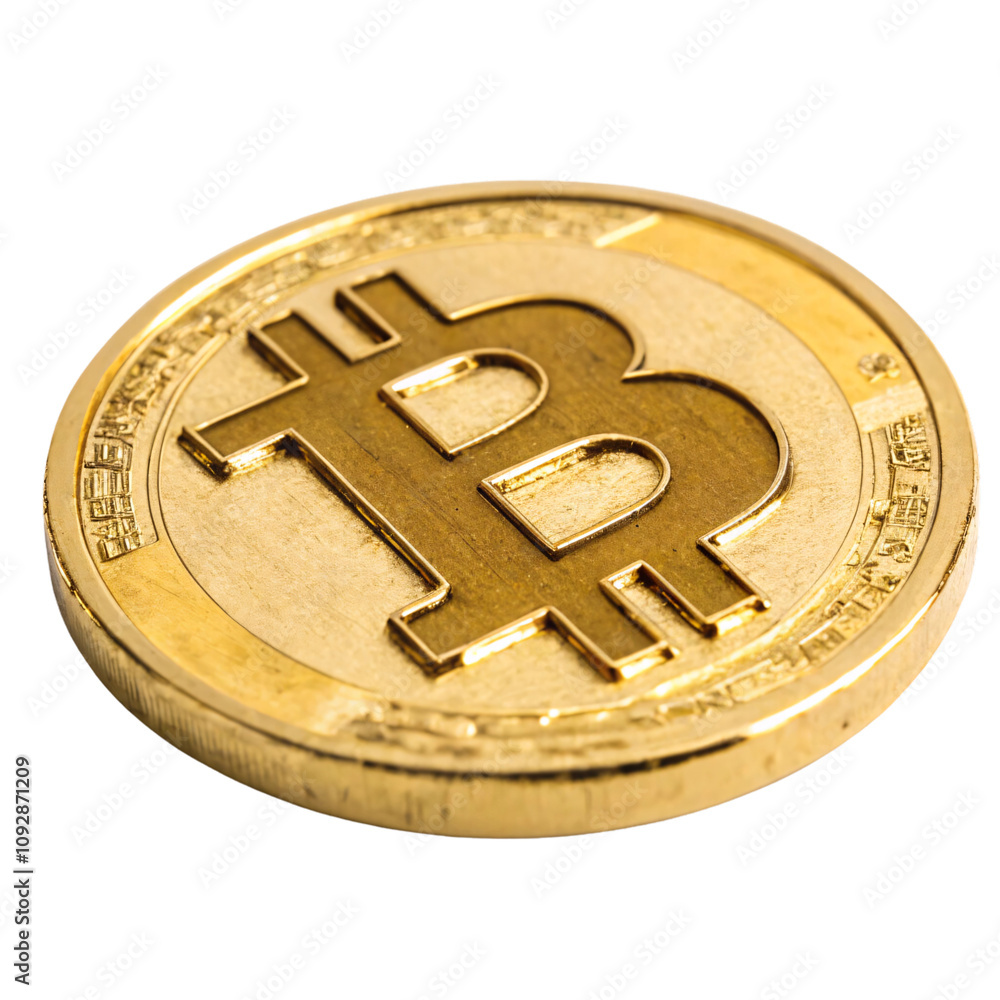 Poster a gold bitcoin coin with the iconic b symbol in sharp detail, resting flat with a textured metallic 