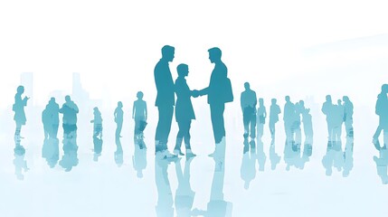 Silhouettes of business people shaking hands in the center, many silhouettes on a white background, vector illustration style, flat design