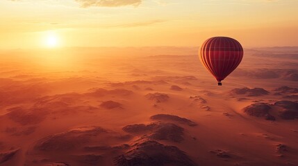 Obraz premium Hot air balloon floating over a desert landscape at sunrise with glowing orange light. Generative AI