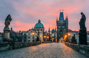 Naklejka premium Sunset at Charles bridge in Prague