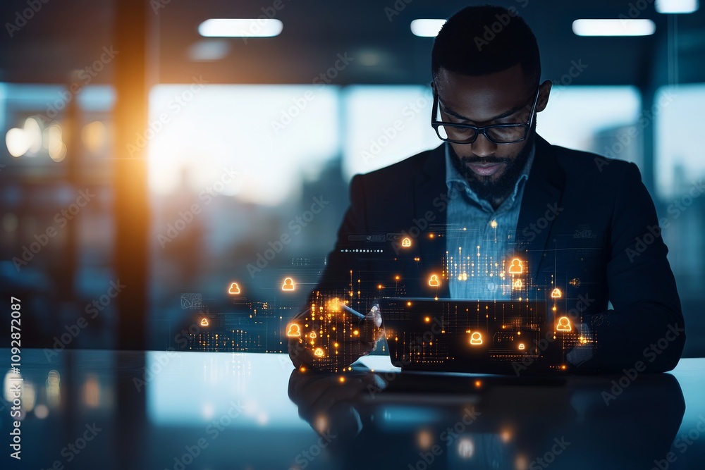 Aufkleber a businessman focuses on a tablet as digital security icons and data visualization glow, depicting a