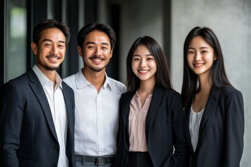 Obraz premium A group of four smiling individuals dressed in business attire, standing close together, indicating camaraderie and teamwork in a professional environment.