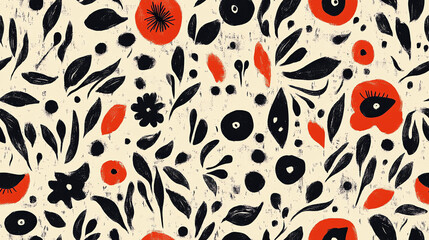 Black floral seamless pattern with coral accents
