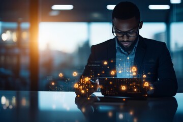 A businessman focuses on a tablet as digital security icons and data visualization glow, depicting a concept of technology and privacy in a modern office environment.
