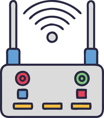 Wireless Router with Dual Antennas and Indicators, Vector illustration of a wireless router featuring dual antennas, signal waves, and colorful LED indicators, symbolizing advanced internet connectivi