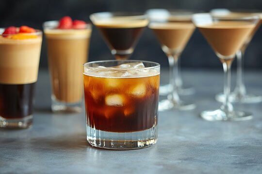 Chilled carajillo in focus, array of cocktails in background