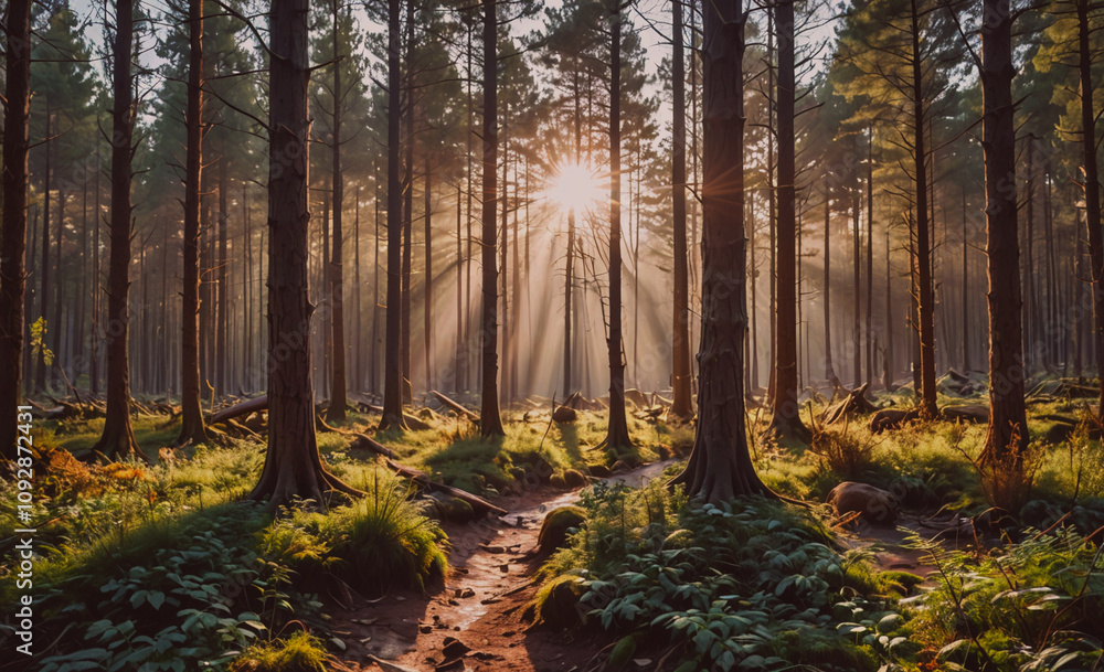 Aufkleber Forest with a path through it. The sun is shining through the trees. The path is covered in grass
