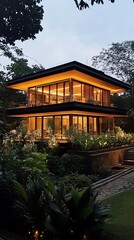 Fototapeta premium Elegant solar-powered villa, ambient lights accentuating eco-friendly architecture, nature thriving around