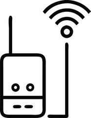 Vertical Wireless Router with Signal Icon, Black-and-white vector illustration of a vertical wireless router with a single antenna and signal waves, representing compact internet connectivity.
