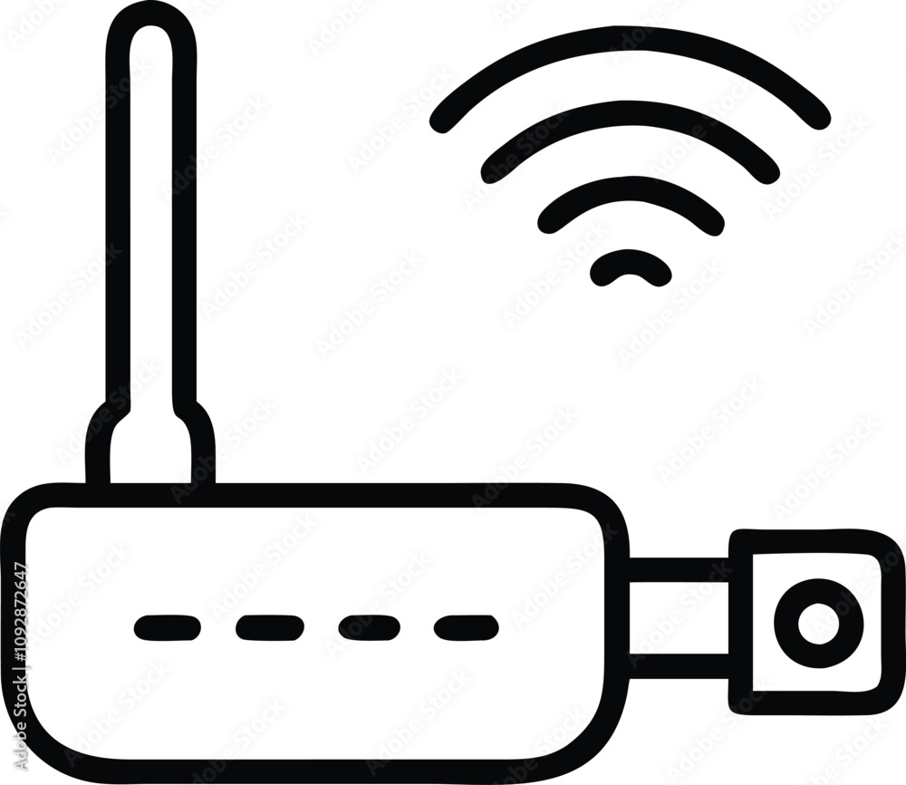 Poster wireless router side view with signal waves, black-and-white vector illustration of a wireless route