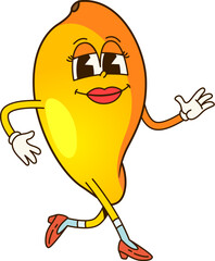 Cartoon retro groovy mango fruit character. Isolated vector cheerful, fun and playful feminine tropical fruit personage walking confidently with a happy face expression, red lips and heeled shoes