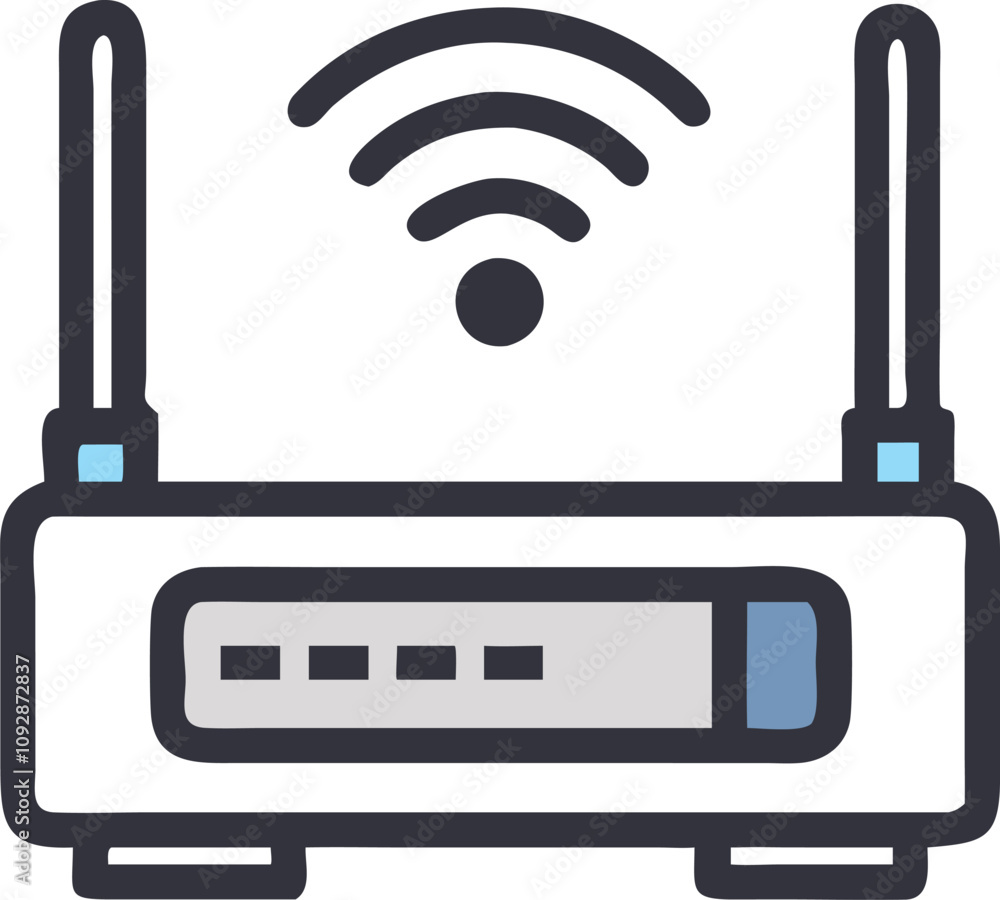 Poster wireless router with antennas and signal display, vector illustration of a wireless router featuring
