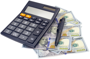 USD bank notes, aluminum self-defense tactical pen and a calculator