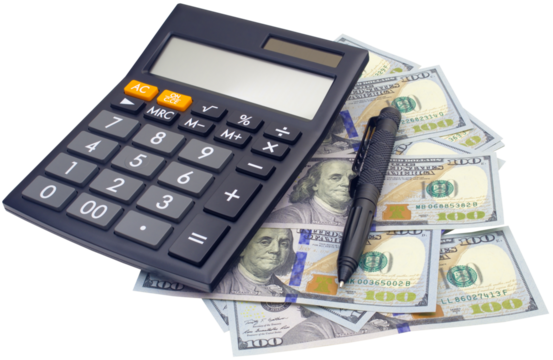 USD bank notes, aluminum self-defense tactical pen and a calculator