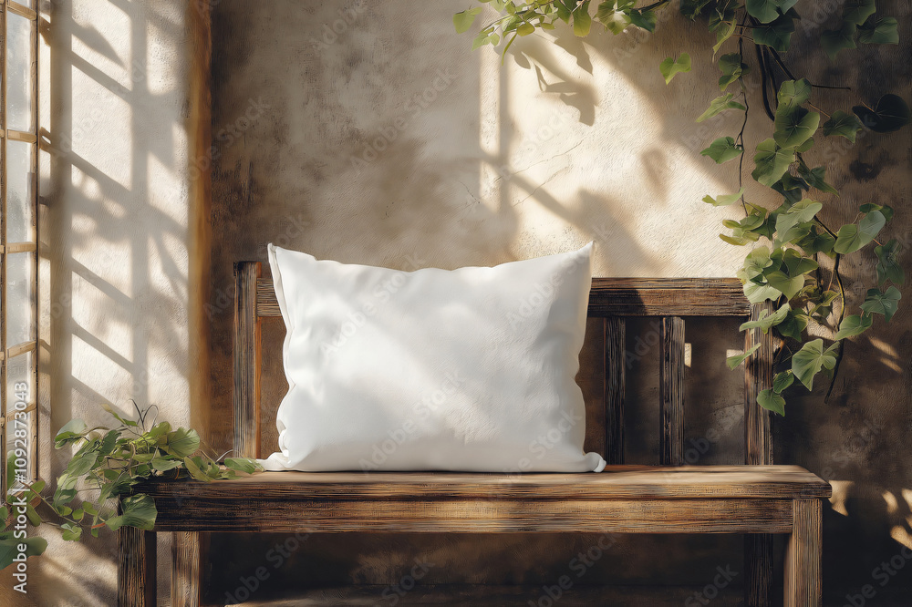 Poster customizable white cushion mockup resting on a rustic wooden bench, illuminated by natural light fil