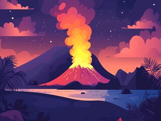 Volcanic eruption scene, safety measures in place, flat design illustration