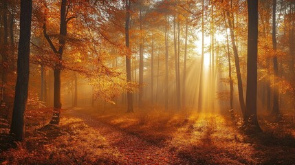 Fototapeta premium Golden sunlight streaming through tall trees in a dense autumn forest. Generative AI