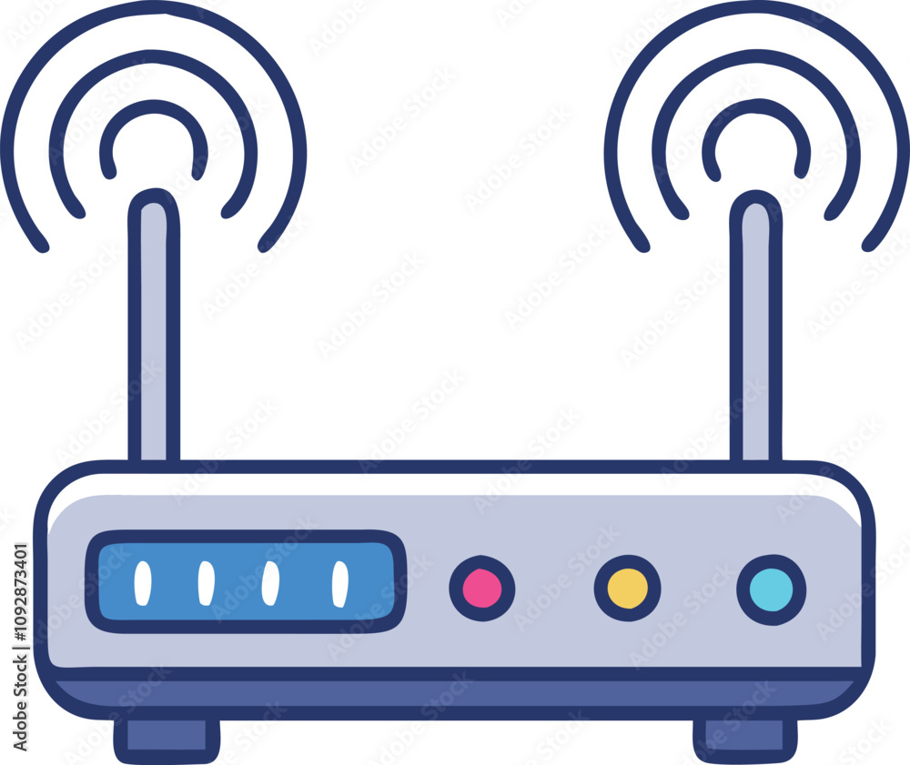 Poster wireless router with dual antennas and signals, vector illustration of a wireless router featuring d