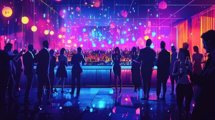 Vibrant nightlife scene with silhouettes at a bar