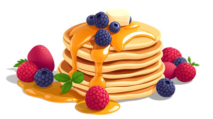 A stack of pancakes with syrup and berries styled in a whimsical way illustration. Generative AI