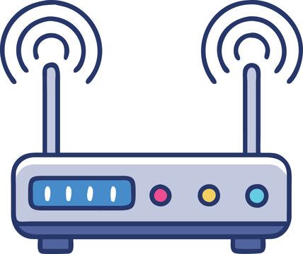 Wireless Router with Dual Antennas and Signals, Vector illustration of a wireless router featuring dual antennas, radiating signal waves, and control buttons, symbolizing high-speed internet connectiv