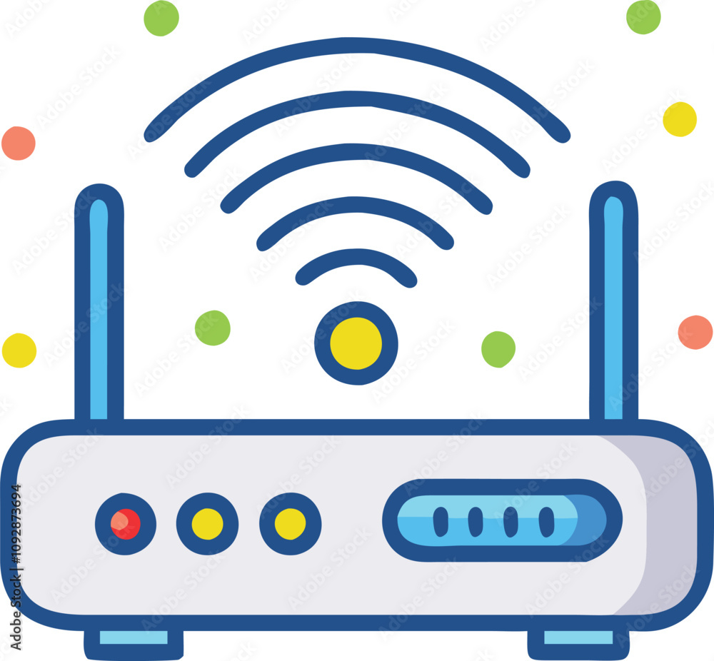 Poster wireless router with signal and colorful dots, vector illustration of a wireless router with dual an