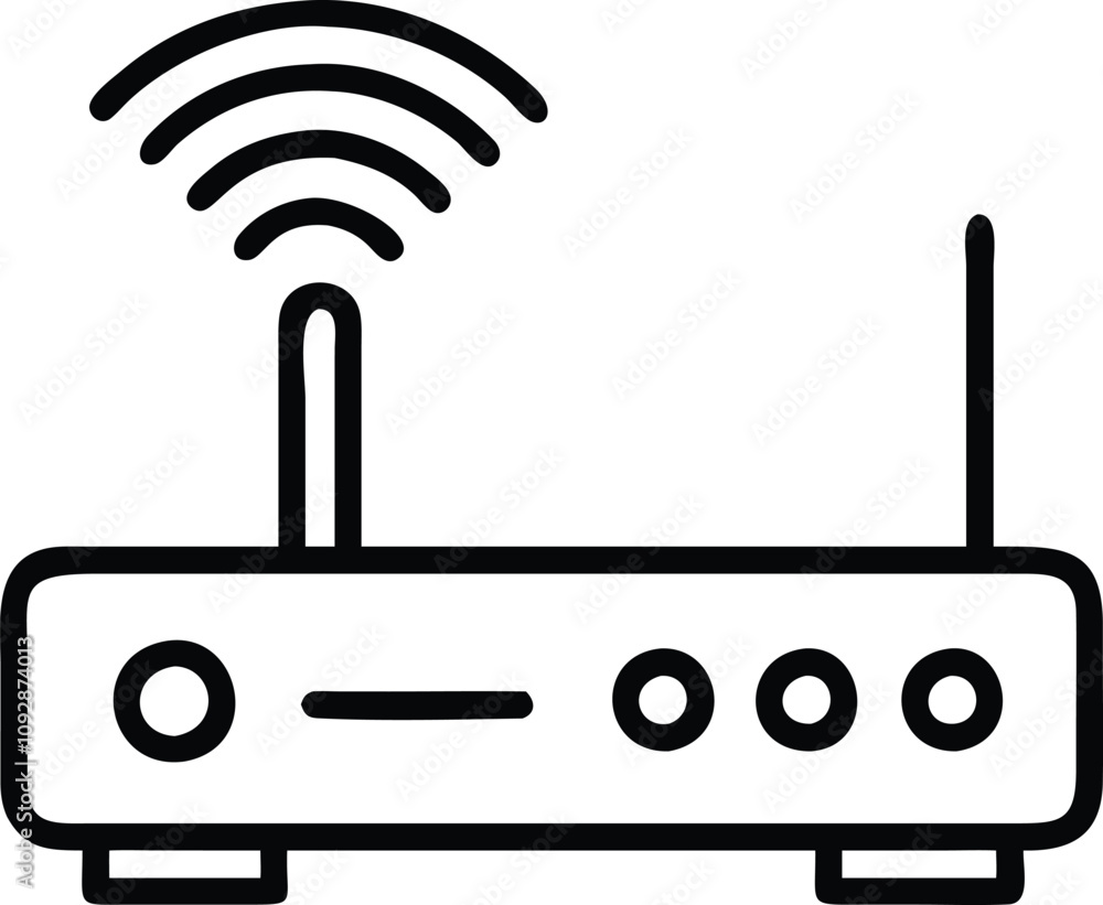 Aufkleber wireless router line art with signal waves, black-and-white vector line illustration of a wireless r