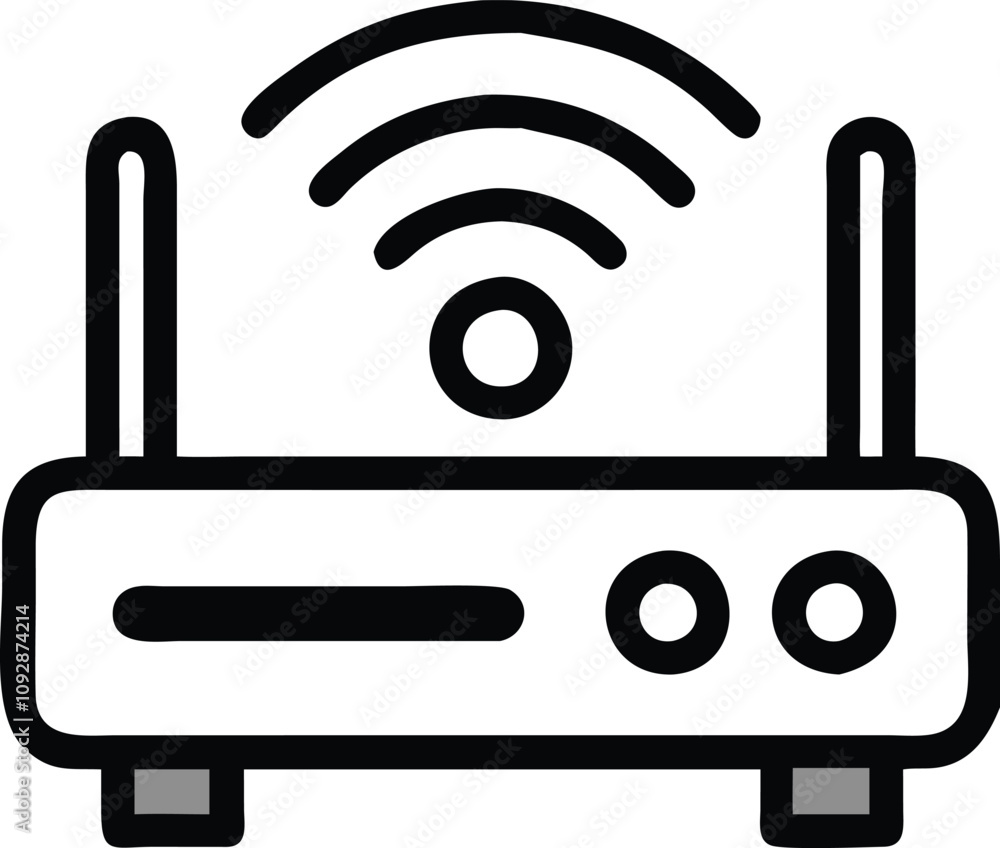 Poster wireless router with signal icon, black-and-white line illustration of a wireless router with antenn