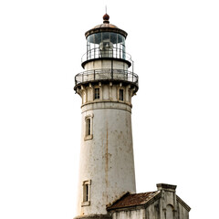 An aged lighthouse with a weathered exterior, featuring a tall cylindrical design and a glass lantern room, evoking maritime charm and history, set against a transparent background