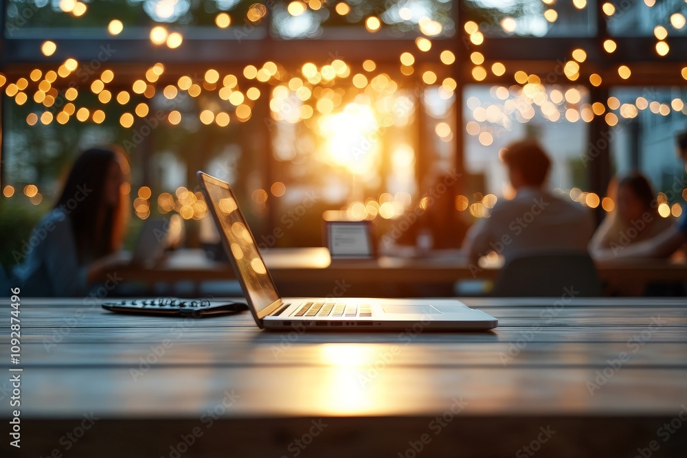 Poster the image shows an open laptop on a table in a stylish cafe with warm bokeh lights in the background