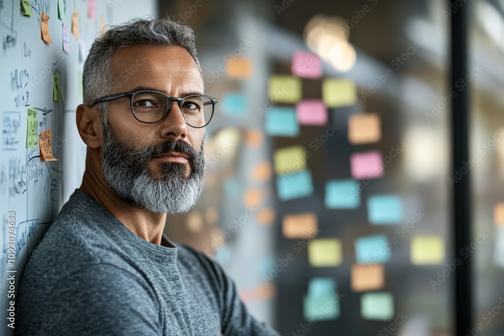 Aufkleber a bearded man poses confidently with arms crossed in front of a wall covered in colorful sticky note