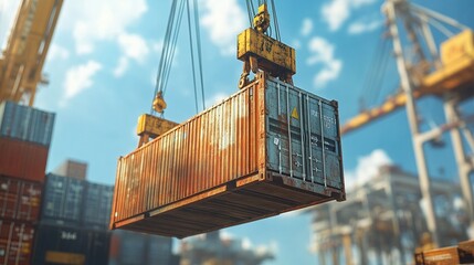 Fototapeta premium Container being lifting by terminal crane under blue sky