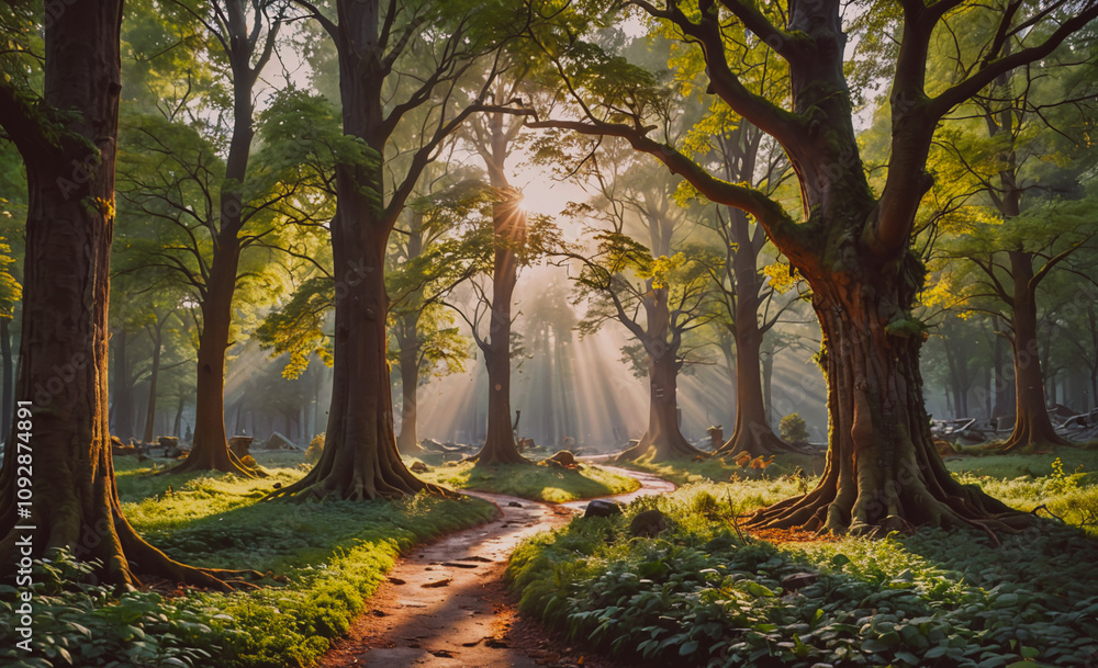 Aufkleber Path in a forest with trees and sunlight. The path is surrounded by trees and the sunlight is shining through the leaves