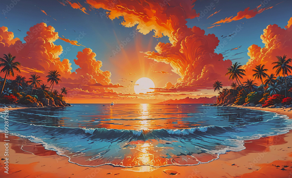 Aufkleber beautiful painting of a beach with a sunset in the background. the sun is setting and the sky is fil