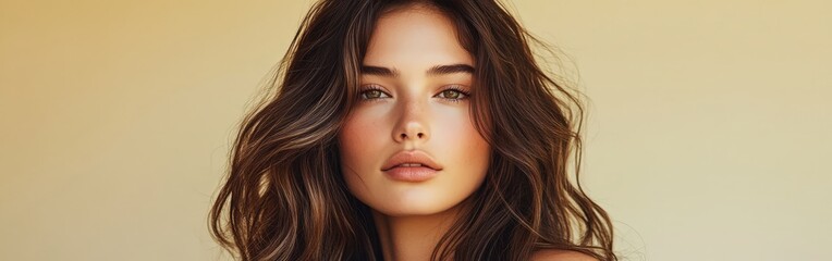 Fototapeta premium Portrait of Woman with Wavy Brunette Hair and Subtle Makeup