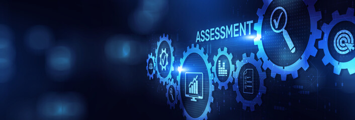 Assessment Evaluating Performance and Outcomes on a Wide Banner, Business and Technology Concept.