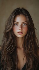 Fototapeta premium Portrait of Woman with Wavy Brunette Hair and Subtle Makeup