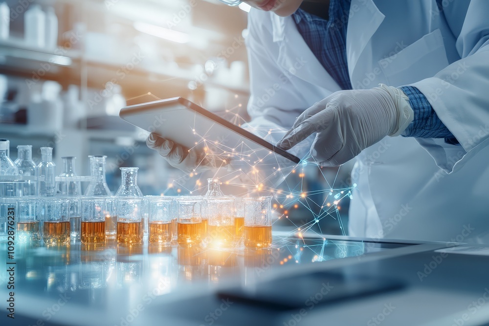 Aufkleber a scientist wearing gloves examines a tablet while working with chemicals in flasks in a high-tech l